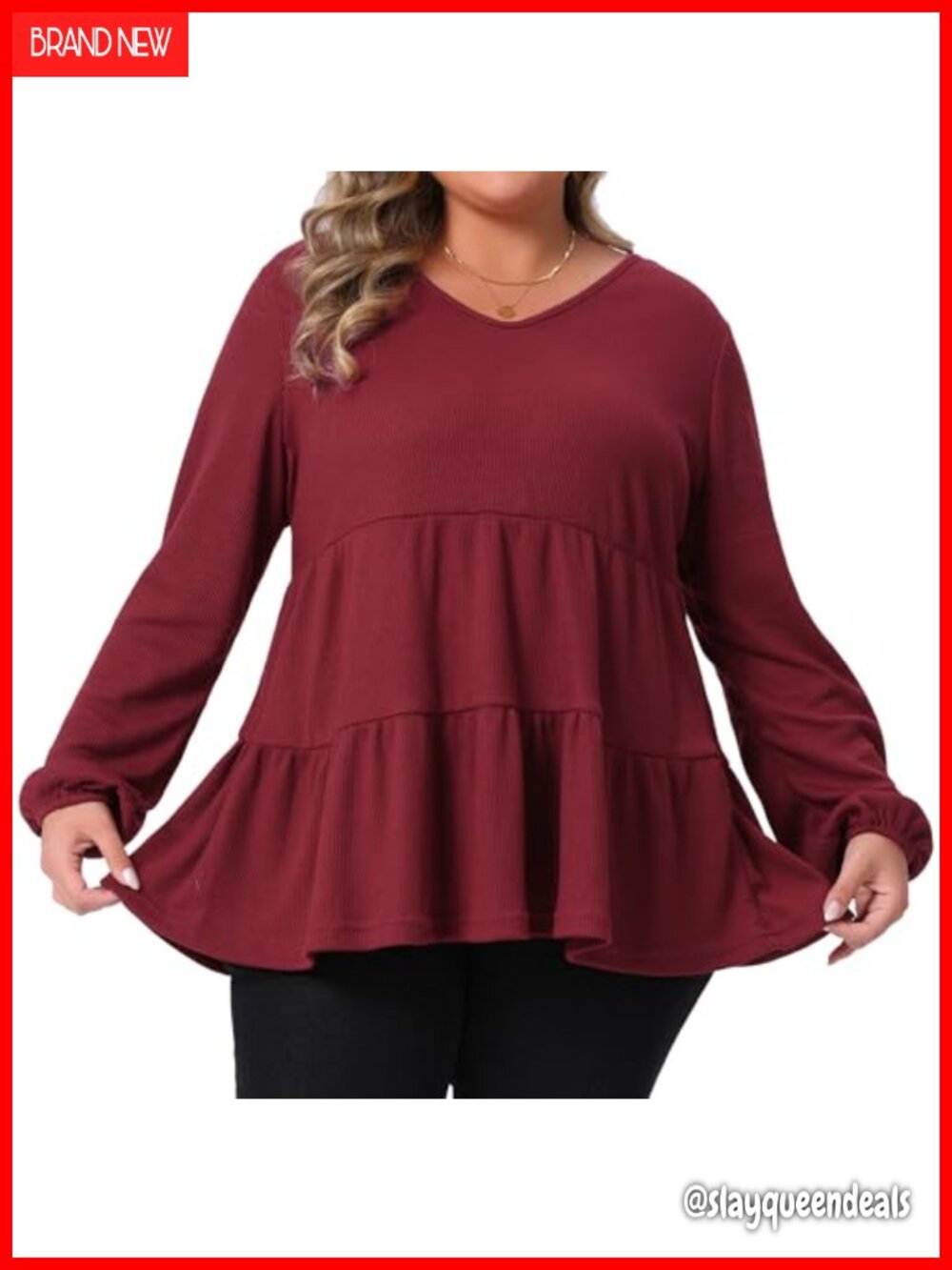 Plus Size Babydoll Top Waffle Knit V Neck Ruffle Hem Peplum Blouse